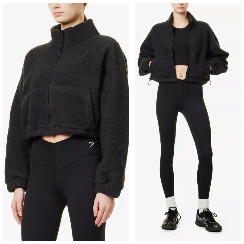 Gymshark Black Elevate Cropped Fleece Midi Jacket Size Large Sherpa Funnel Neck